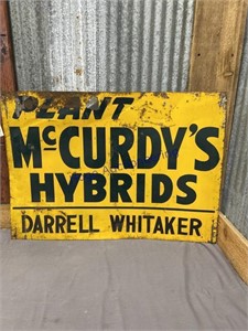 MCCURDY'S HYBRIDS TIN SIGN, RUSTED, 18.5 X 26"