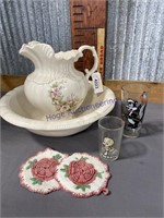PITCHER AND BOWL W/ FLOWER DECAL, PAIR CROCHET