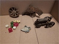 National cap gun remnant, dice, & cast toys