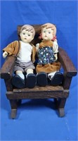 Porcelain Boy & Girl on Wooden Rocking Chair