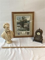 LINCOLN BUST  EAGLE PRINT WITH STAMP  AND  CLOCK