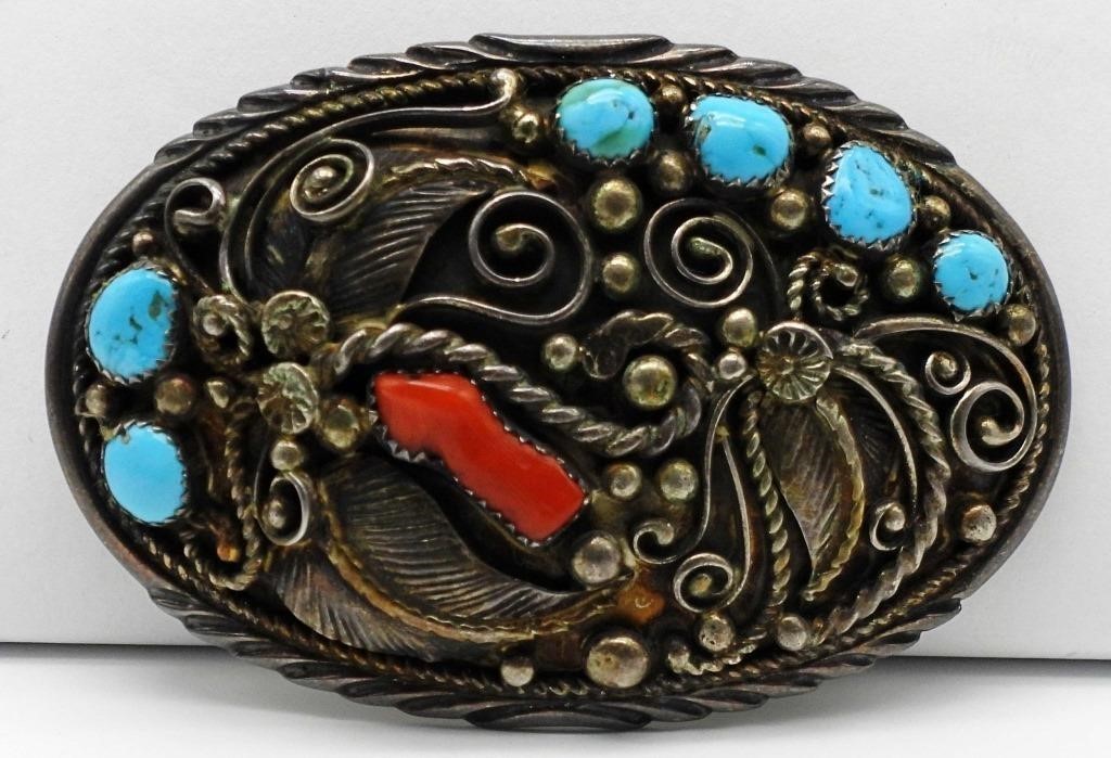 NAVAJO STERLING BELT BUCKLE W/TURQUOISE & CORAL