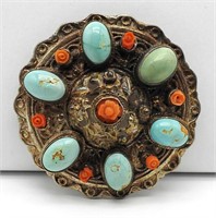 TURQUOISE AND CORAL STERLING BROOCH
