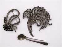 2 STERLING MARCASITE  BROOCHES 1 SPOON