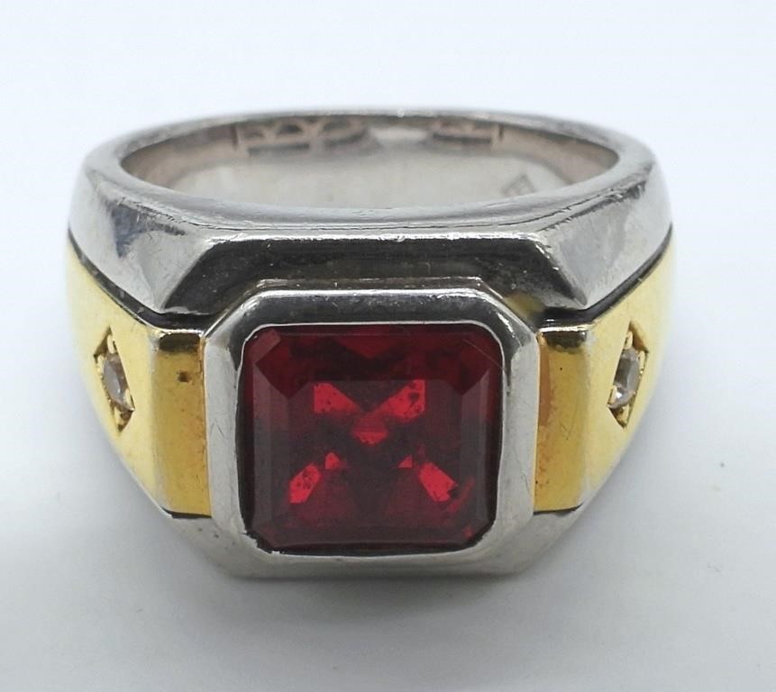 MENS DRESS RING with RED STONE & GOLD PLATED