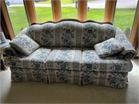 Floral Upholstered, Wood Trim Couch, Pillows