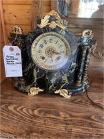 Antique Gold & Black Marble & Steel Mantle Clock