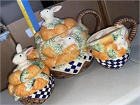 Ceramic Bunny teapot with sugar and creamer bowls