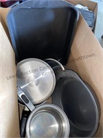 Box of pans and granite ware stockpot