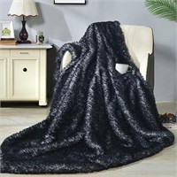 DECOSY Luxury Faux Fur Black Throw Blanket