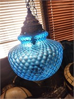 Vintage hanging lantern metal & blue glass