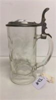 Lidded glass tavern stein with advertising ,