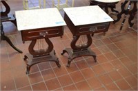 Pair of Marble Top Harp Bottom Tables