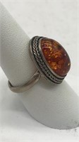 .925 Sterling Ring W/ Amber-color Stone
