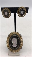 Cameo Brooch And Clip Earrings Set
