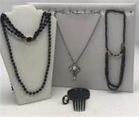 3 Black Beaded Necklaces, Rhinestone Necklace,