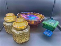 Carnival Glass Compote, Candy Dish, & Canisters