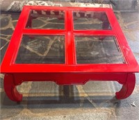 Vintage Red 4 Panel Glass Top Coffee Table
