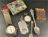 Rolex spoon, Sterling pocket watch, lighter, box