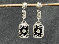 1920's 14K White Gold Onyx & Diamond Earrings