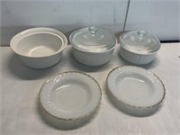 2 FIRE KING PLATES 24K TRIMMED,3 PC CORNING WARE