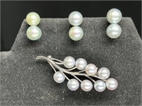 Genuine Pearl & Sterling Brooch & Ear Ring Set