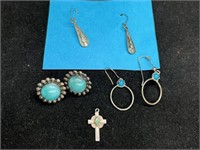Sterling & Turquoise Ear Rings & Cross Pendant