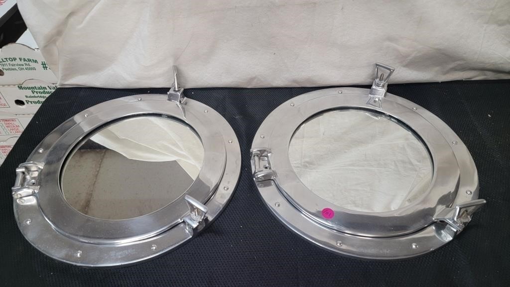 PAIR OF 16 INCH PORT HOLE MIRRORS CAST METAL