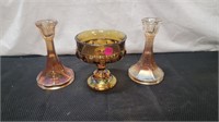 CARNIVAL GLASS CANDY DISH AND CANDLE HOLDERS