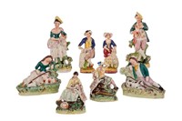 FOUR PAIRS OF STAFFORDSHIRE POTTERY FIGURES
