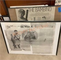 Framed newspaper articles and other articles