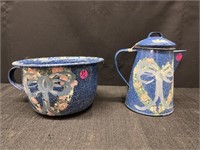Blue Enamelware Chamber Pot & Coffee Pot