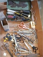 Box Lot of Scissors, Tools and More