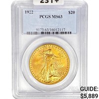 1922 $20 Gold Double Eagle PCGS MS63