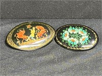 2 Hand Painted Russian Lacquer Brooches