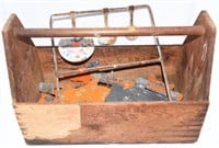 Wood Carpenters tool tote with Various Metal