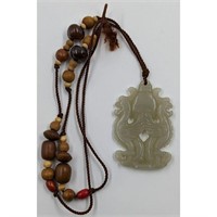 Finely Carved Chinese Jade Pendant With Wooden Be
