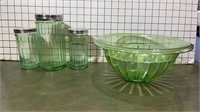 Green Depression bowl and cannisters
