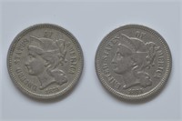 1873 Open and Closed 3's Three Cent Nickel's