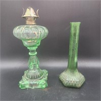 Green Glass Oil Lamp & Vase