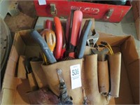 leather tool belt, misc tools
