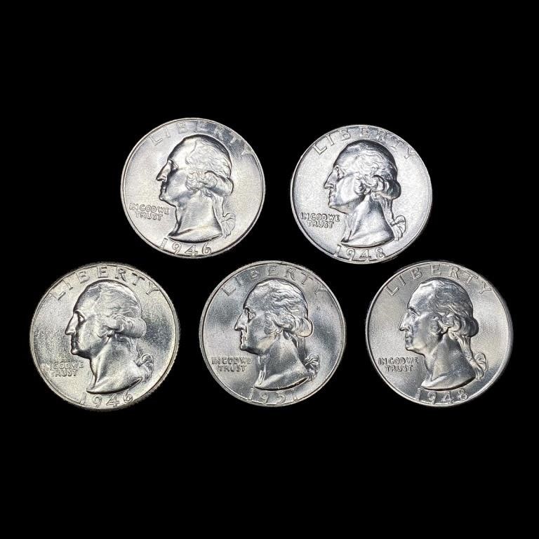 (5) Washington SILV Quarters (1946, 1946-D, (2)