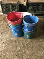 9 Plastic Feed Buckets & White 1/2 Barrel