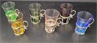 Coloured Glass Shot Glasses with Metal Holders vtg