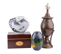 Art Glass, Asian, Wooden Box & Lamp