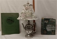 Teapot Lamp & 2 Antique Large Hardcover Books