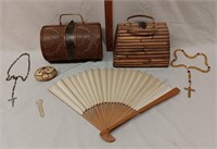 Wood Purses, Ivory Box, Bamboo Fan, Rosary Beads
