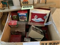 Box of Hallmark Christmas ornaments/ w wooden