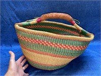 Nice larger woven basket w/ leather handle