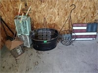 Lanterns, metal bucket, misc yard items